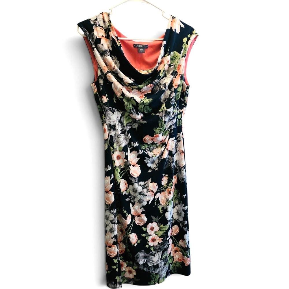 Covington Floral Drape Neck Sheath Dress Women's 6 Navy Peach Ruched